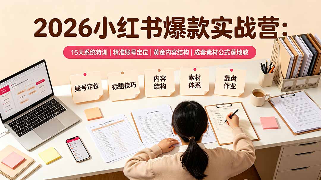 2026小红书爆款实战营：15天系统特训｜精准账号定位｜黄金内容结构｜成套素材公式落地教程-吾爱云课堂