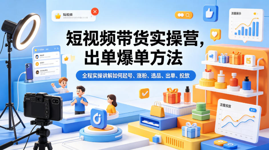 短视频带货实操营，出单爆单方法，全程实操讲解如何起号、涨粉、选品、出单、投放-吾爱云课堂