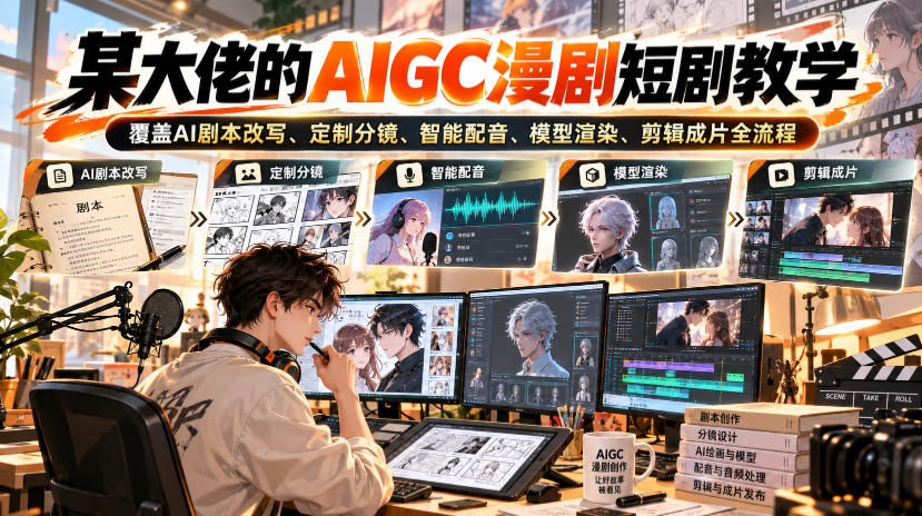 某大佬的AIGC漫剧短剧教学，覆盖AI剧本改写、定制分镜、智能配音、模型渲染、剪辑成片全流程-吾爱云课堂