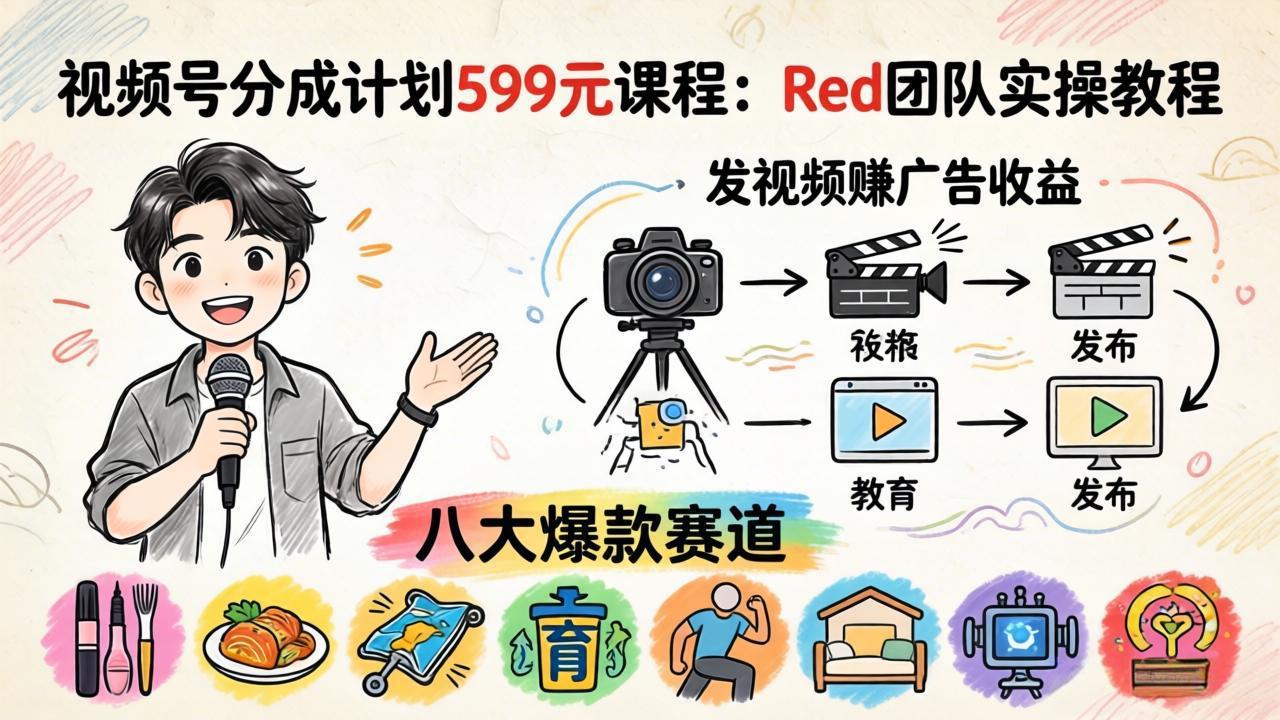 视频号分成计划599元课程：Red团队实操教程，发视频赚广告收益，八大爆款赛道全掌握-吾爱云课堂
