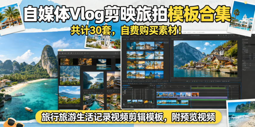 自媒体Vlog剪映旅拍模板合集，共计30套，自费购买素材！旅行旅游生活记录视频剪辑模板，附预览视频-吾爱云课堂