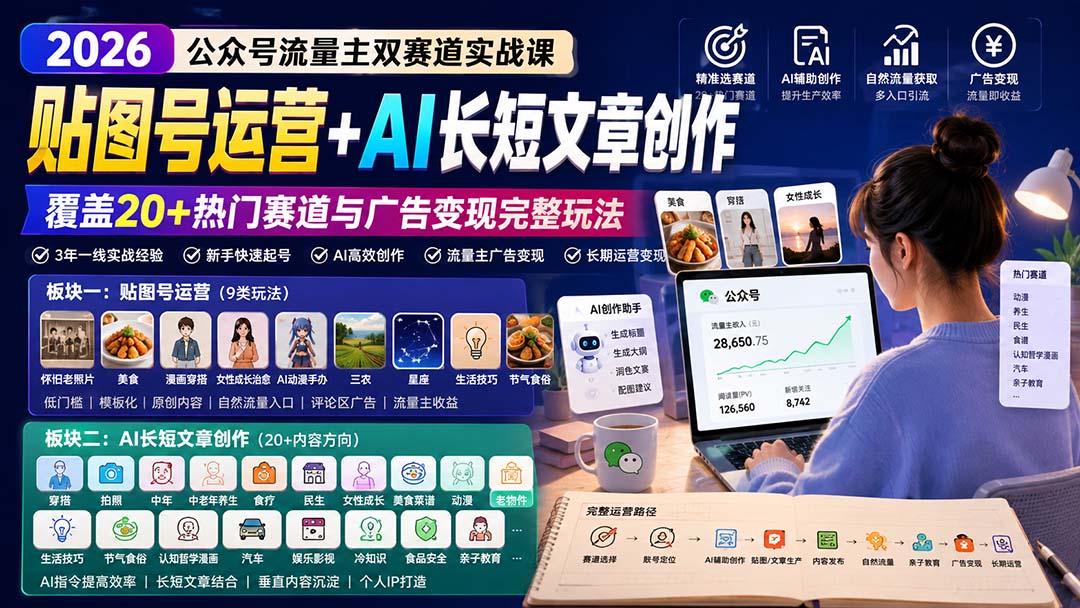 公众号流量主双赛道实战课：贴图号运营+AI长短文章创作，覆盖20+热门赛道与广告变现完整玩法-吾爱云课堂