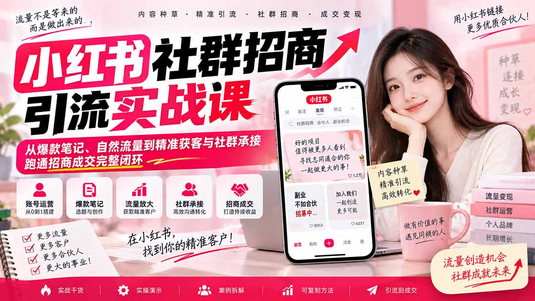 小红书社群招商引流实战课-无水印：从爆款笔记、自然流量到精准获客与社群承接，跑通招商成交完整闭环-吾爱云课堂