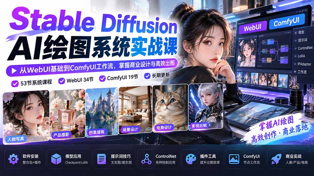 【无水印】Stable Diffusion AI绘图系统实战课：从WebUI基础到ComfyUI工作流，掌握商业设计与高效出图-吾爱云课堂