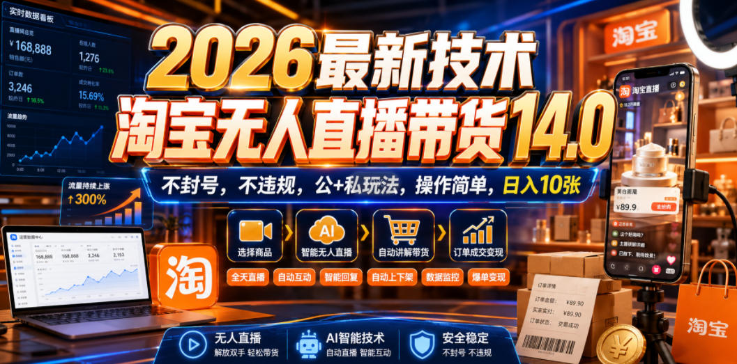 2026最新技术，淘宝无人直播带货14.0，不封号，不违规，公+私玩法，操作简单，日入10张【揭秘】-吾爱云课堂