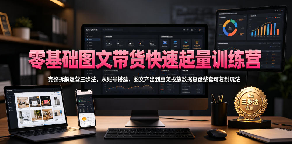 零基础图文带货快速起量训练营，完整拆解运营三步法，从账号搭建、图文产出到豆荚投放数据复盘整套可复制玩法-吾爱云课堂