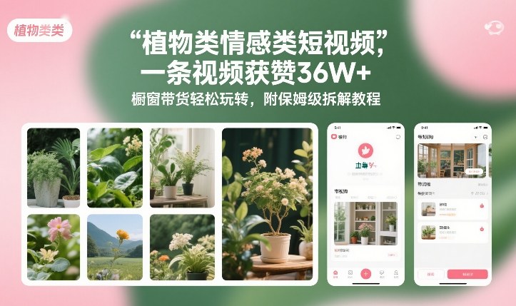 植物类情感类短视频，一条视频获赞36W+，橱窗带货轻松玩转，附保姆级拆解教程-吾爱云课堂