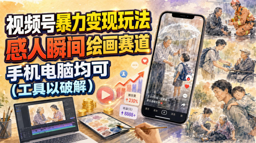 视频号暴力变现玩法，感人瞬间绘画赛道，手机电脑均可-吾爱云课堂