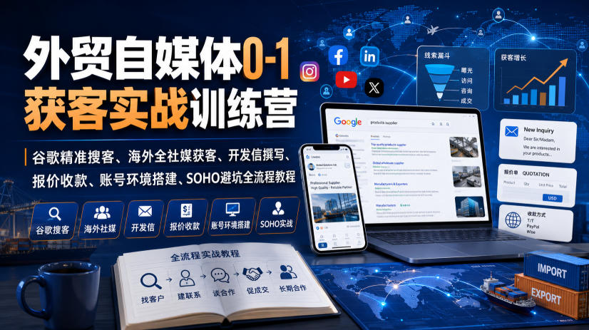 外贸自媒体0-1获客实战训练营｜谷歌精准搜客、海外全社媒获客、开发信撰写、报价收款、账号环境搭建、SOHO避坑全流程教程-吾爱云课堂