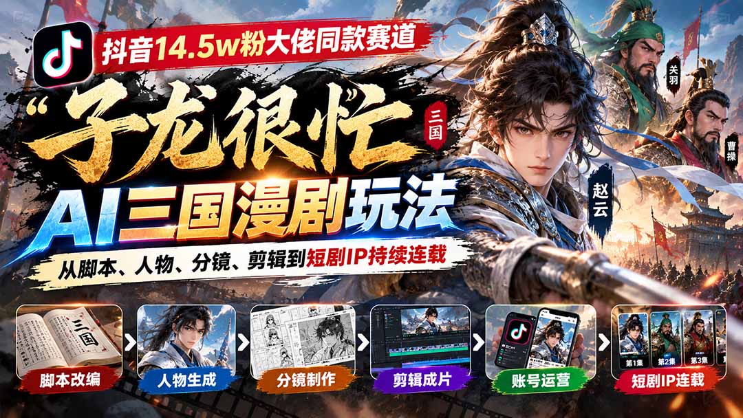 抖音14.5w粉大佬同款赛道「子龙很忙」AI三国漫剧玩法：从脚本、人物、分镜、剪辑到短剧IP持续连载-吾爱云课堂