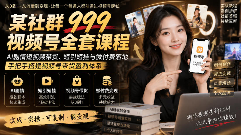 某社群999视频号全套课程，AI剧情短视频带货、短引短挂与微付费落地，手把手搭建视频号带货盈利体系-吾爱云课堂
