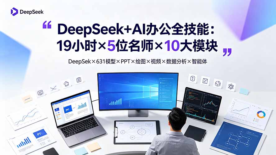 DeepSeek+AI办公全技能:19小时×5位名师×10大模块,DeepSeek×631模型×PPT×绘图×视频×数据分析×智能体-吾爱云课堂