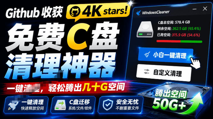 Github收获4K stars！免费C盘清理神器，轻松腾出几十G空间，支持C盘迁移Windows Cleaner-吾爱云课堂