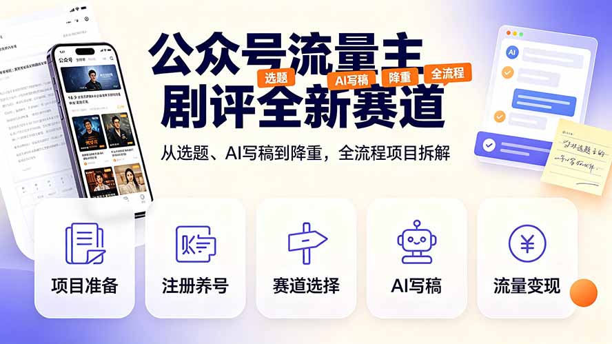 公众号流量主剧评全新赛道，从选题、AI写稿到降重，全流程项目拆解-吾爱云课堂