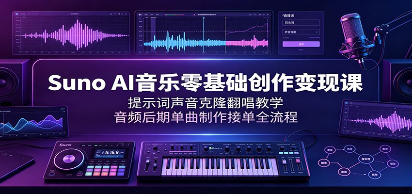 Suno AI音乐零基础创作变现课：提示词声音克隆翻唱教学，音频后期单曲制作接单全流程-吾爱云课堂