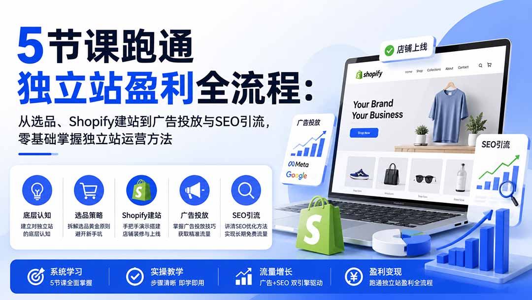 5节课跑通独立站盈利全流程：从选品、Shopify建站到广告投放与SEO引流，零基础掌握独立站运营方法-吾爱云课堂