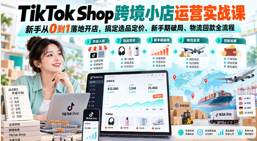TikTok Shop跨境小店运营实战课，新手从0到1落地开店，搞定选品定价、新手期破局、物流回款全流程-吾爱云课堂