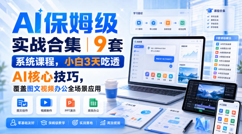 AI保姆级实战合集｜9套系统课程，小白3天吃透AI核心技巧，覆盖图文视频办公全场景应用-吾爱云课堂