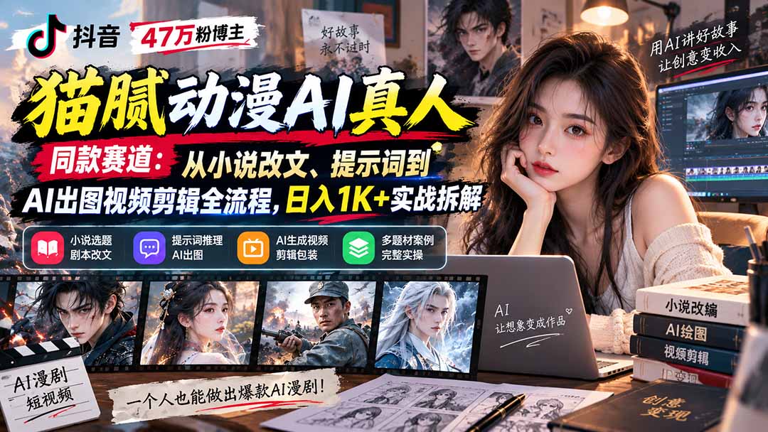 抖音47万粉博主猫腻动漫AI真人同款赛道：从小说改文、提示词到AI出图视频剪辑全流程，日入1K+实战拆解-吾爱云课堂