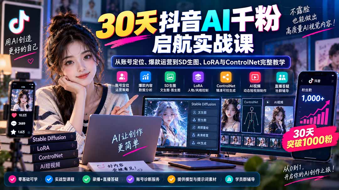 30天抖音AI千粉启航实战课：从账号定位、爆款运营到SD生图、LoRA与ControlNet完整教学-吾爱云课堂