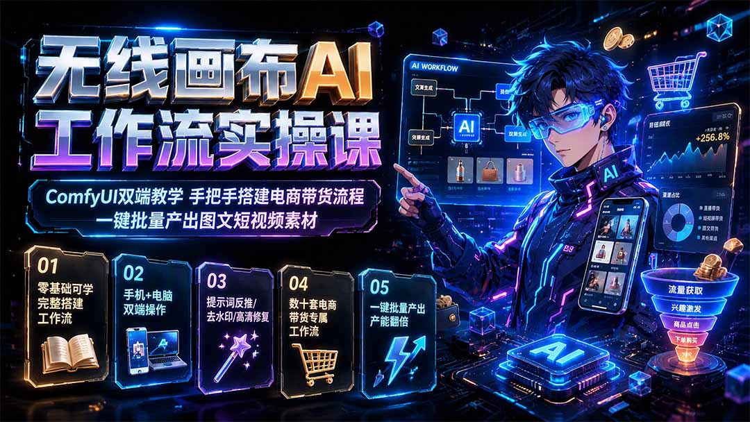 无线画布AI工作流实操课｜ComfyUI双端教学，手把手搭建电商带货流程，一键批量产出图文短视频素材-吾爱云课堂