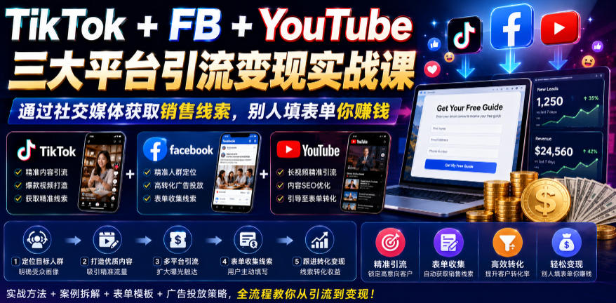 TikTok+FB+YouTube三大平台引流变现实战课,通过社交媒体获取销售线索,别人填表单你賺钱【原创双语字幕】-吾爱云课堂
