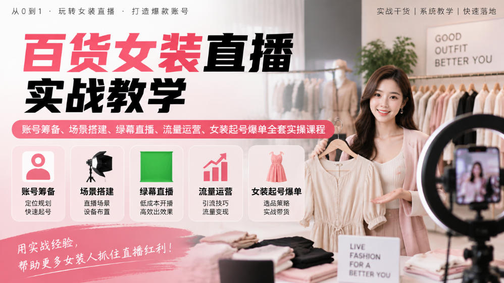 百货女装直播实战教学｜账号筹备、场景搭建、绿幕直播、流量运营、女装起号爆单全套实操课程-吾爱云课堂
