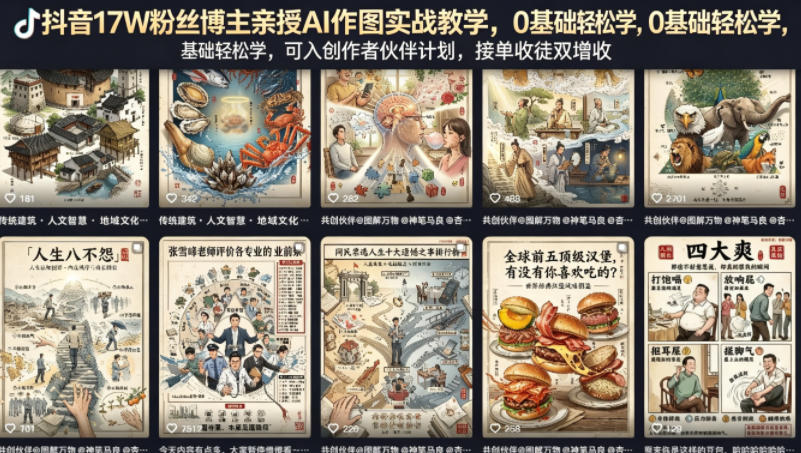 抖音17W粉丝博主亲授AI作图实战教学，0基础轻松学，可入创作者伙伴计划，接单收徒双增收-吾爱云课堂