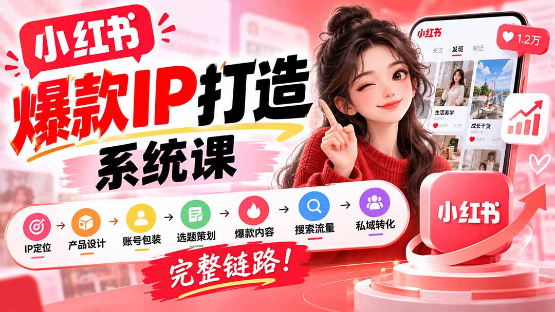 【无水印】小红书爆款IP打造课：IP定位→产品设计→账号包装→选题策划→爆款内容→搜索流量→私域转化，完整链路-吾爱云课堂