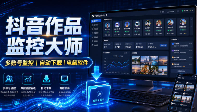 抖音作品监控大师，多账号监控丨自动下载丨电脑软件-吾爱云课堂