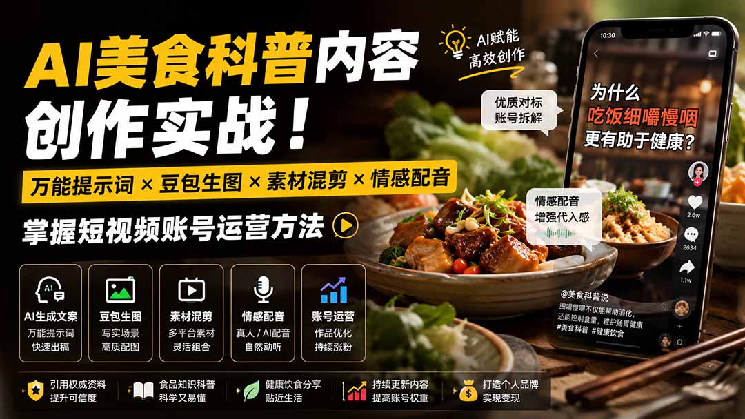 外面卖199元-AI美食科普内容创作实战！万能提示词×豆包生图×素材混剪×情感配音，掌握短视频账号运营方法-吾爱云课堂