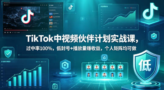 TikTok中视频伙伴计划实战课，过中率100%，低封号+播放量賺收益，个人矩阵均可做-吾爱云课堂