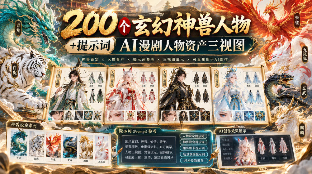 200个玄幻神兽人物+提示词ai漫剧人物资产三视图-吾爱云课堂