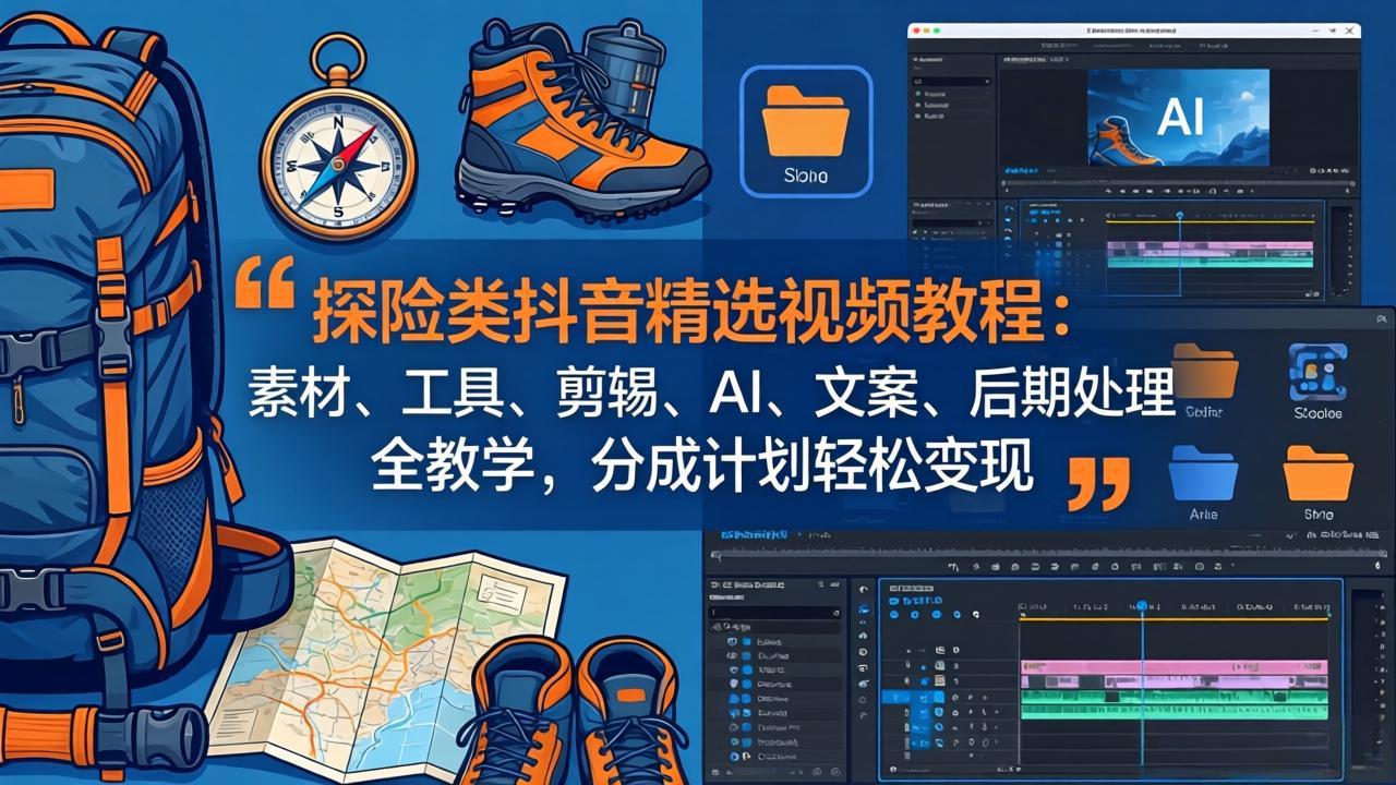 探险类抖音精选视频教程：素材、工具、剪辑、AI、文案、后期处理全教学，分成计划轻松变现-吾爱云课堂