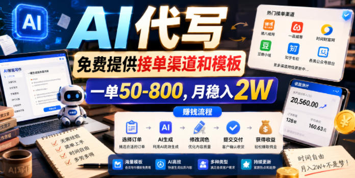 AI代写，免费提供接单渠道和模板，一单50-800，月稳入2W【揭秘】-吾爱云课堂