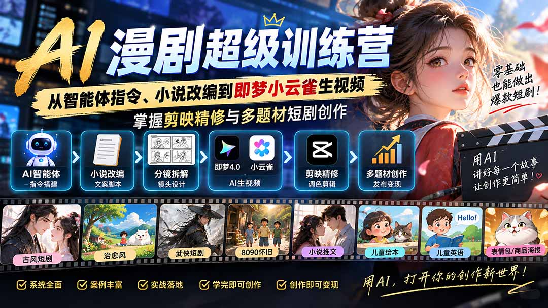 AI漫剧超级特训营：从智能体指令、小说改编到即梦小云雀生视频，掌握剪映精修与多题材短剧创作-吾爱云课堂