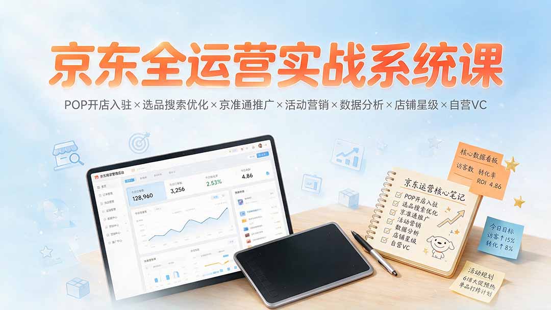 京东全运营实战系统课：POP开店入驻×选品搜索优化×京准通推广×活动营销×数据分析×店铺星级×自营VC-吾爱云课堂