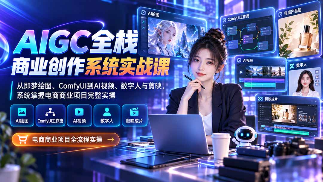 AIGC全栈商业创作系统实战课-无水印:从即梦绘图、ComfyUI到AI视频、数字人与剪映,系统掌握电商商业项目完整实操-吾爱云课堂