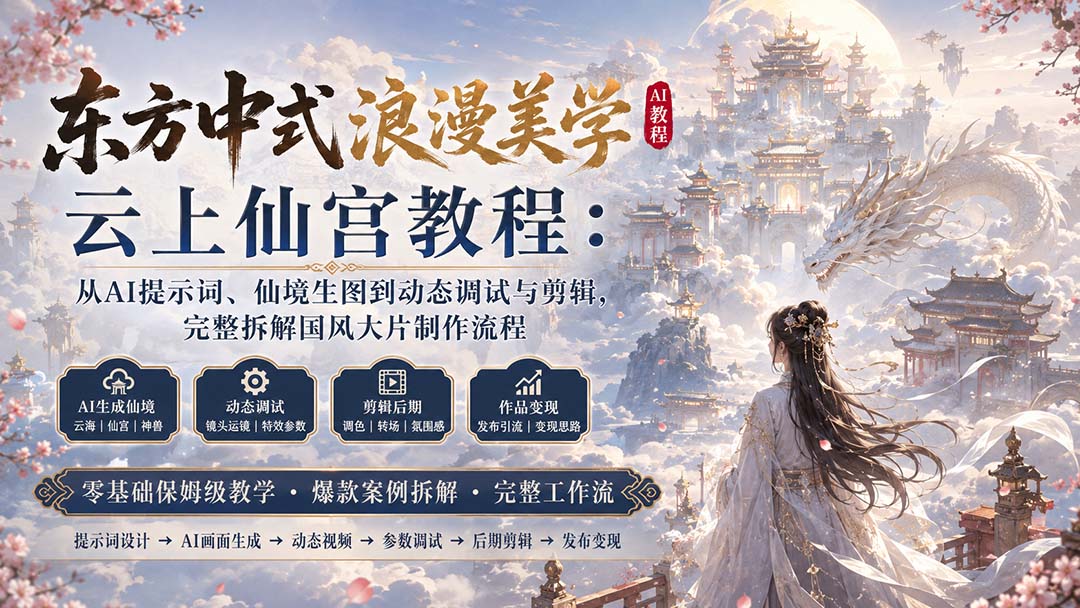 东方中式浪漫美学云上仙宫教程：从AI提示词、仙境生图到动态调试与剪辑，完整拆解国风大片制作流程-吾爱云课堂