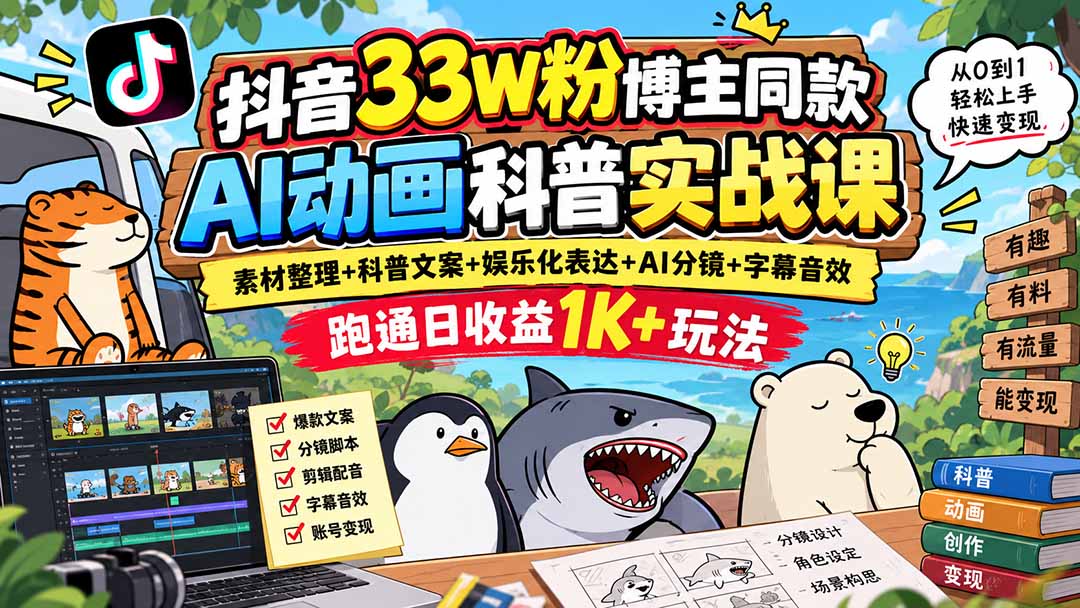抖音33W粉博主同款AI动画科普实战课｜素材整理+科普文案+娱乐化表达+AI分镜+字幕音效，跑通日收益1K+玩法-吾爱云课堂