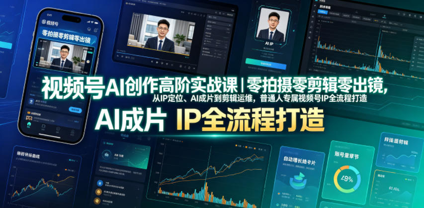 视频号AI创作高阶实战课｜零拍摄零剪辑零出镜，从IP定位、AI成片到剪辑运维，普通人专属视频号IP全流程打造-吾爱云课堂