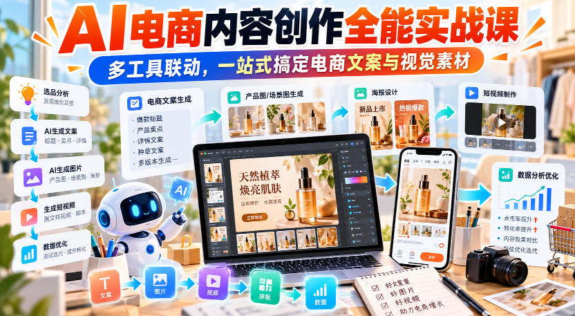 【无水印】AI电商内容创作全能实战课｜多工具联动，一站式搞定电商文案与视觉素材-吾爱云课堂