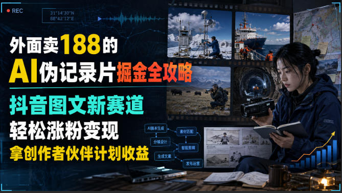 外面卖188的AI伪记录片掘金全攻略，抖音图文新赛道，轻松涨粉变现，拿创作者伙伴计划收益【文档】-吾爱云课堂