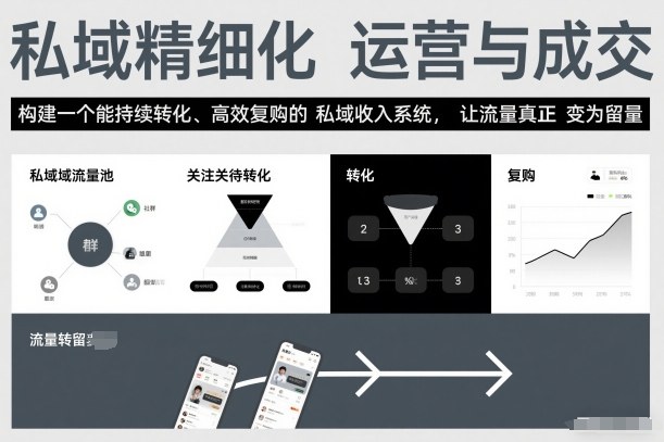 私域精细化运营与成交，构建一个能持续转化、高效复购的私域收入系统，让流量真正变为留量-吾爱云课堂