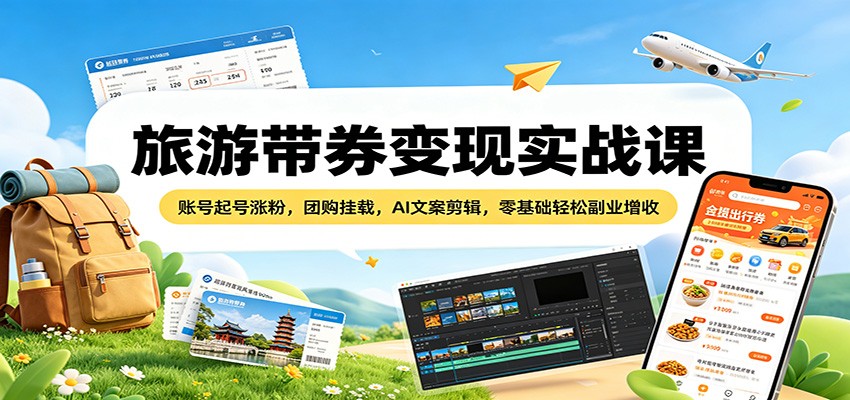 旅游带券变现实战课：账号起号涨粉，团购挂载，AI文案剪辑，零基础轻松副业增收-吾爱云课堂