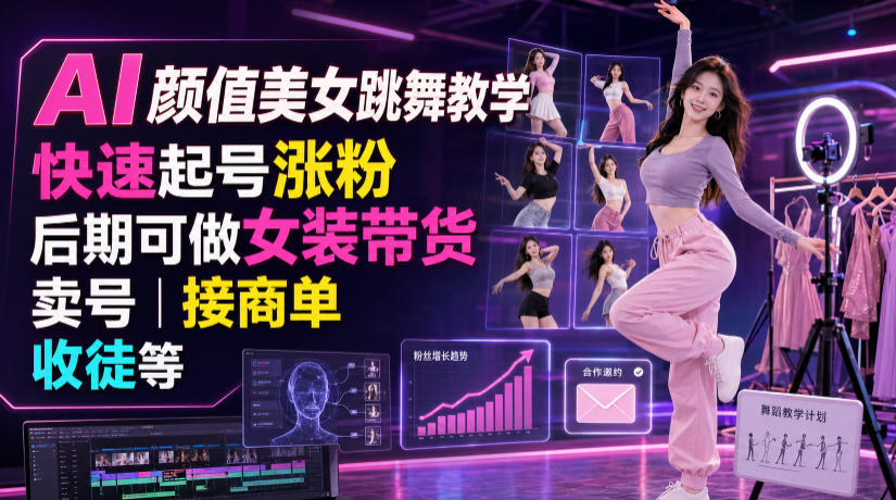 AI颜值美女跳舞教学，快速起号涨粉，后期可做女装带货，卖号，接商单，收徒等-吾爱云课堂