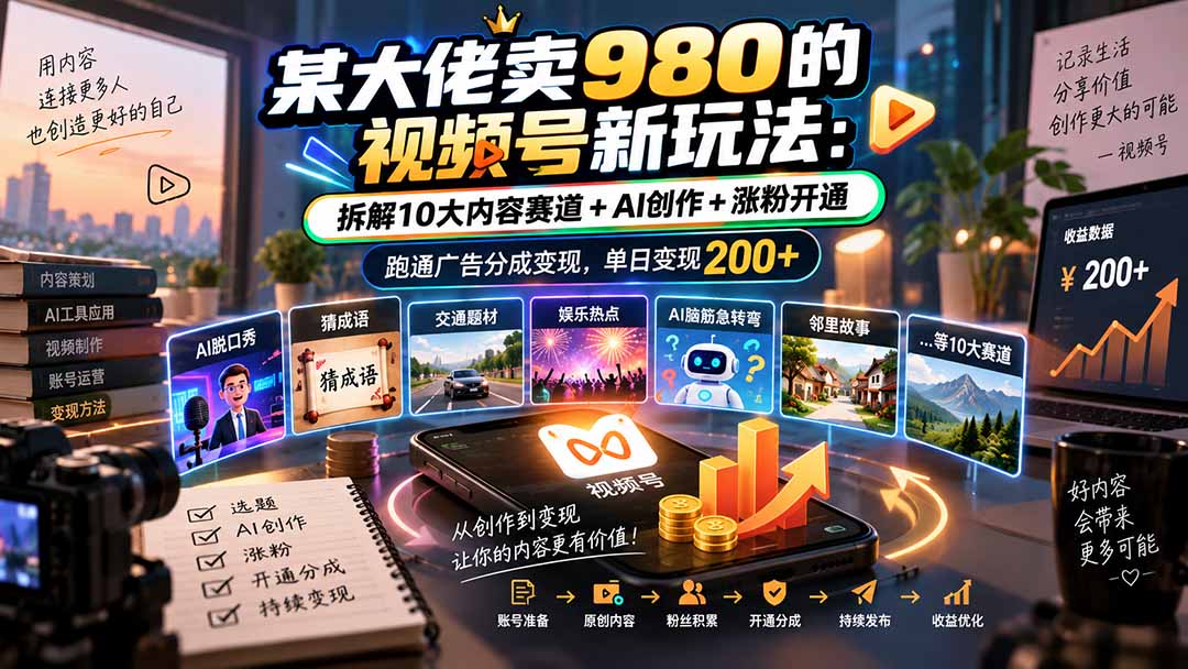 某大佬卖980的视频号新玩法：拆解10大内容赛道+AI创作+涨粉开通，跑通广告分成变现，单日变现200+-吾爱云课堂