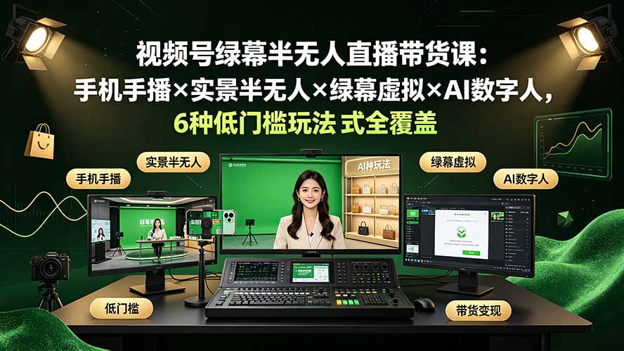视频号绿幕半无人直播带货课：手机手播×实景半无人×绿幕虚拟×AI数字人，6种低门槛玩法全覆盖-吾爱云课堂
