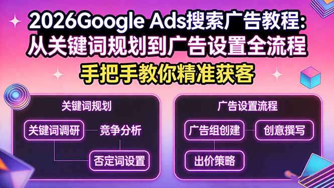 2026Google Ads搜索广告教程：从关键词规划到广告设置全流程，手把手教你精准获客-吾爱云课堂