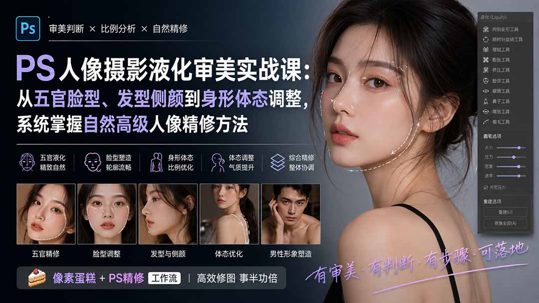 PS人像摄影液化审美实战课：从五官脸型、发型侧颜到身形体态调整，系统掌握自然高级人像精修方法-吾爱云课堂